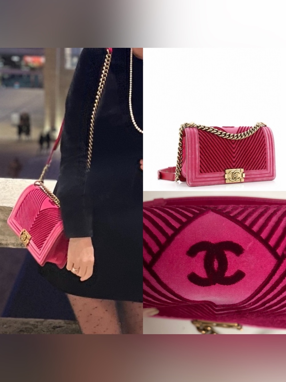 Chanel Boy Flap Bag in pink velvet with chevron quilting and gold-tone hardware.